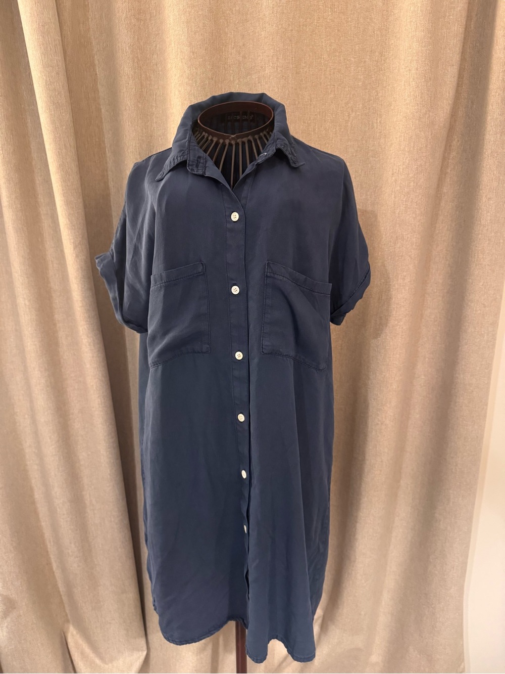 ZILCREMO Navy Blue Button Front Shirt Dress Cuffed Short Sleeve Size S / M